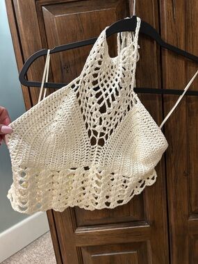 Crochet High-Neck Crop Top in Cream